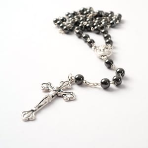 Rosary with round hematite beads 42 cm handmade and good quality from Bethlehem Guardian Angel Christian gift Baptism jewelry
