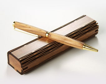 Stylo bille en bois d'olivier avec élégant coffret en bois