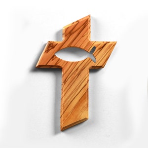 Olive wood cross wall cross crucifix with fish 13 cm for hanging from Bethlehem baptism gift guardian angel Christian gift