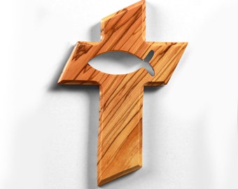 Olive wood cross wall cross crucifix with fish 13 cm for hanging from Bethlehem baptism gift guardian angel Christian gift