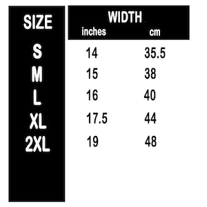 May include: Size chart showing width measurements in inches and centimeters for sizes S, M, L, XL, and 2XL.