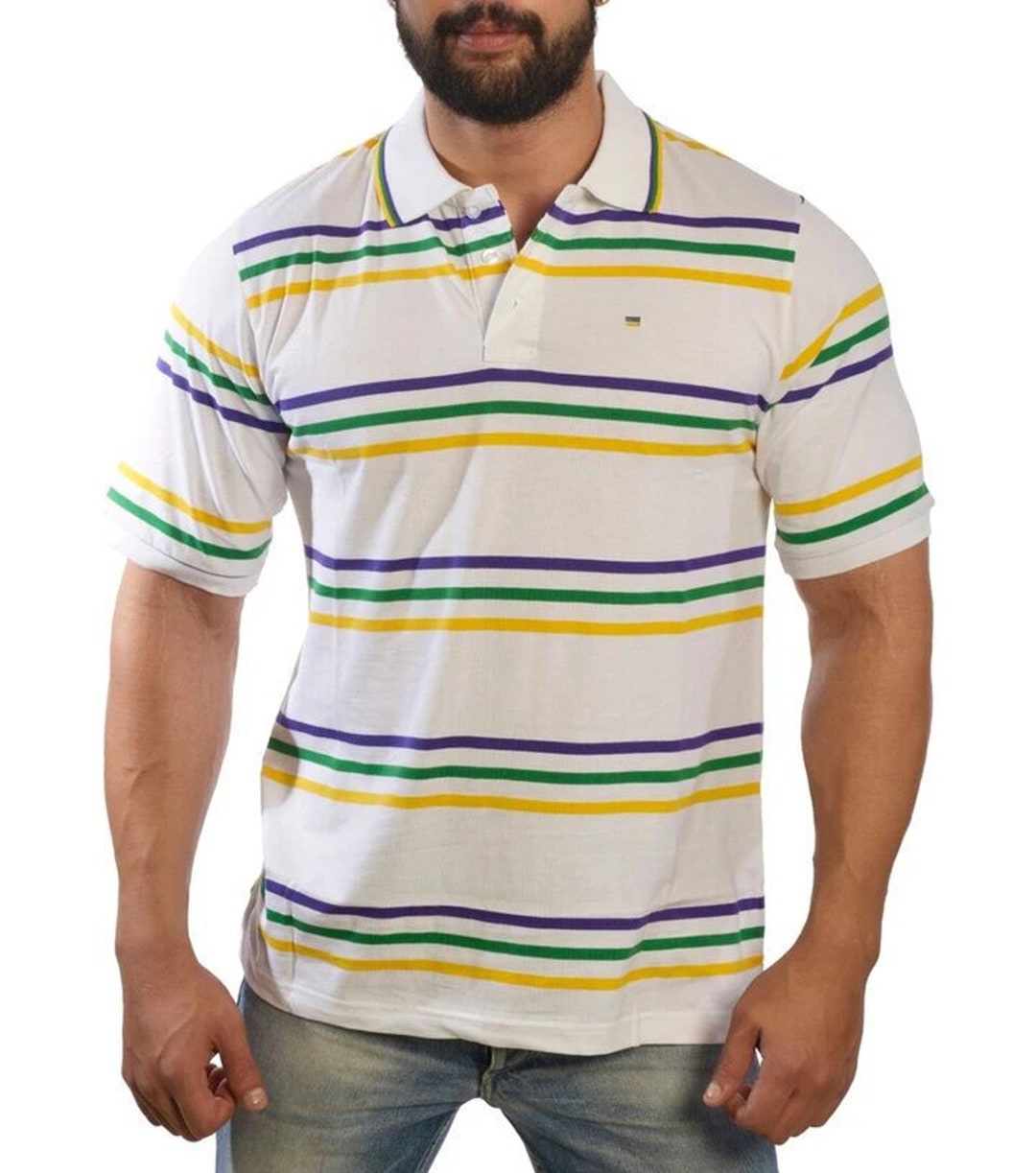 Mardi Gras Adult Short Sleeve Polo Shirt White With Purple Green and ...