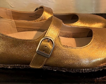 Custom Gold Glitter Birkenstock Santa Clarita Mary Jane Shoes | Hand Painted Leather | Unique Metallic Comfort Flats Size 37 (US 6)