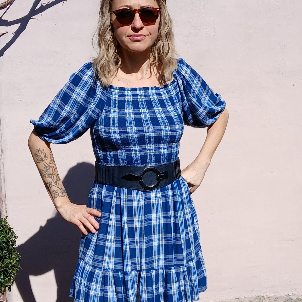princess polly baby blue dress Blue Plaid Elasticated Mini Dress, Babydoll Puff Sleeve Mini Dress