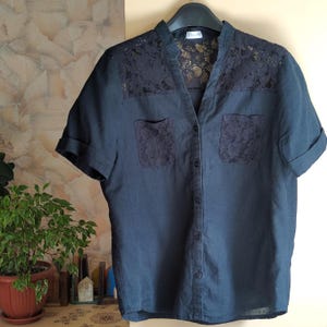 Linen cotton black womens shirt with lace short sleeve buttons front pocket v neck medium size