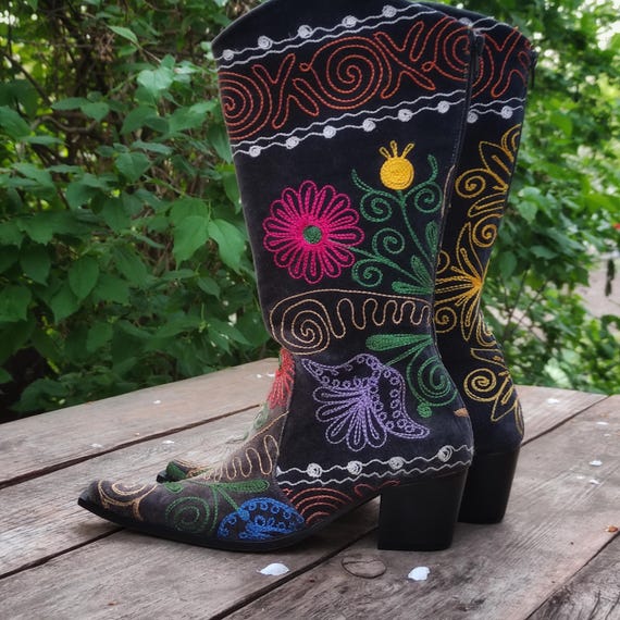 箱付Ameri Vintage SHEER EMBROIDERY BOOTS M Vintage Floral Emebroidered Womens Boots, Floral Cowboy Boots