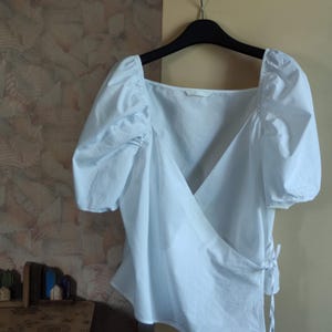 White cotton wrap cropped blouse for women deep v neck balloon half sleeve large size