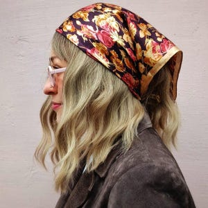 Silk square floral scarf vintage 90&#39;s, Silky scarf for hair, Silk neck floral bandana