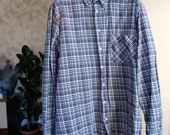 Vintage flannel 100% cotton plaid mens buttons down shirt long sleeve crew neck size L