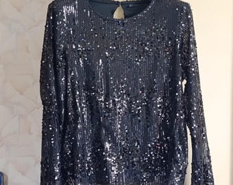 Shimmery sequins black womens long sleeve top size M