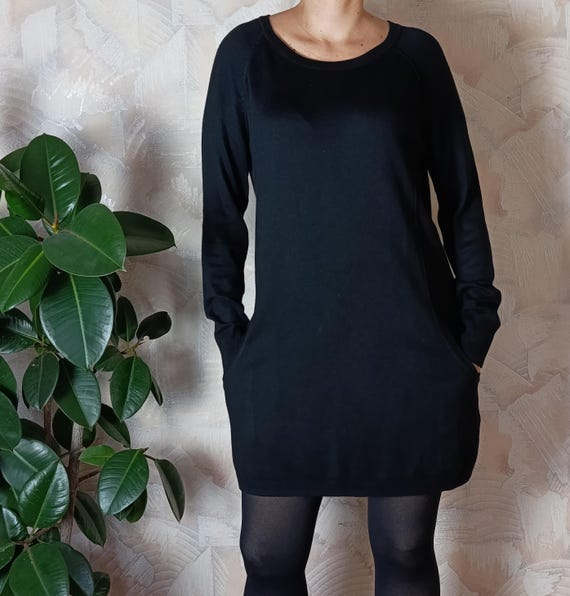 marks and spencer knitted dress Vintage 2000's Knit Black Midi by Long Sleeve Pockets Size M L Ladies dresses