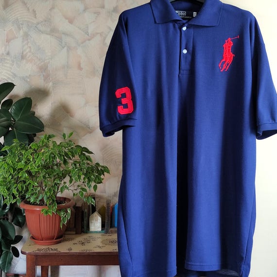ポニー無し90s Polo by Ralph Lauren Navy shirt Vintage Polo Ralph Lauren Navy Blue With Big Red Logo Ann Number