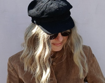 Gorra vintage de algodón y terciopelo negro para mujer, talla única.