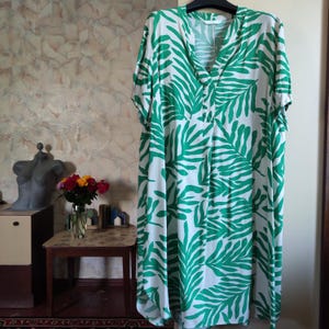 Beige and green palms leaf womens short dress v neck shorts sleeves large size
