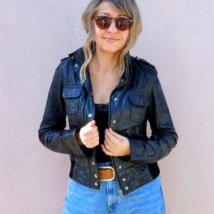 Vintage 90&#39;s black leather crop jacket for women, vintage 90s motorbike leather jacket size S