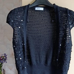 Women's 100% cotton black open front crochet knit with sequins bolero duster size S XS