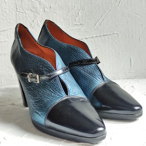 Vintage Pointy Toe Shoes heels black and blue US 6 UK 4 EU 37 Leather Shoes Retro Women Pumps mary jane 50s romantic vintage style