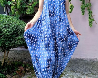 Women's summer blue floral print oversized overalls adjustable length crop pants one size