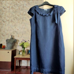 Vintage linen navy blue midi dress short sleeve size L