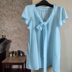 Vintage Italian silk light blue womens blouse size S M