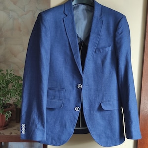 Blue linen cotton mens blazer by Moss London size S, Lightweight summer mens blazer small size