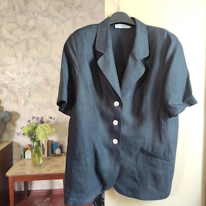 Vintage black 100% linen blazer for women with shoulder pads short sleeve front buttons deep v neck large size