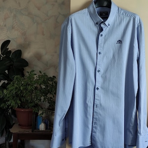 Light blue mens shirt with tiny flowers print button up long sleeve large size