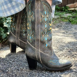 Vintage leather womens cowboy gray with yellow and teal flowers boots, Hippie boho heels leather for women&#39;s size US 7/ EU 38/ UK 5
