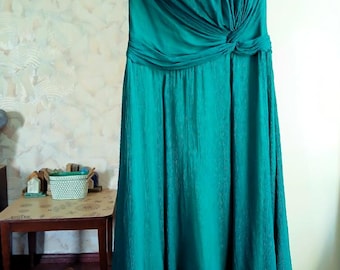 Vintage 100% silk forest green open shoulders mid calf dress size S XS