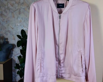 Pale pink women's satin bomber jacket long sleeve full zip medium size