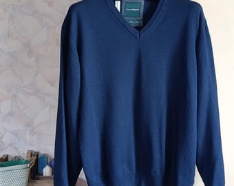 Vintage navy blue wool mens pullover sweater by Charles Vogele long sleeve v-neck medium size