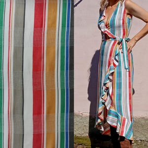 Colourful striped wrap dress, Asymmetrical robe dress tie belt v neck and front ruffle small size