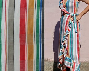 Colourful striped wrap dress, Asymmetrical robe dress tie belt v neck and front ruffle small size