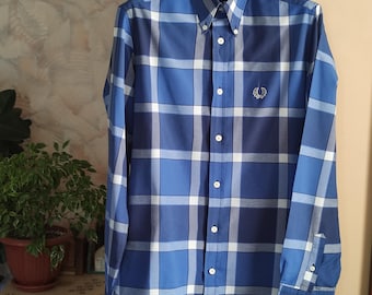 Vintage Fred Perry mix blue cotton plaid button up long sleeve mens shirt small size