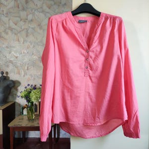 Lightweight pink cotton womens shirt henley neck adjustable sleeves length small size