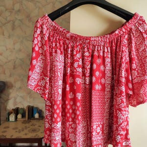 Red bandanas patchwork print open shouldless top hippie style size M L