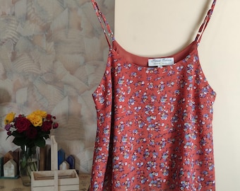 Brown floral womens tank top adjustable length tiny flowers print small size