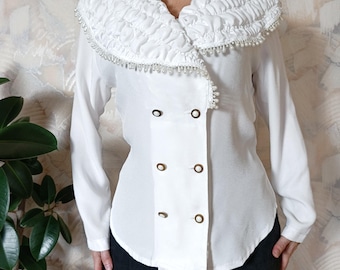 Vintage 80's white blouse for women's with shoulder pads long sleeves full front buttons ruffled collar size M L