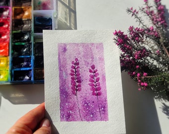 Pittura ad acquerello originale di fiori viola astratti, arte in miniatura lavanda viola viola, dipinti di fiori minuscoli, arte di fiori carini Miny