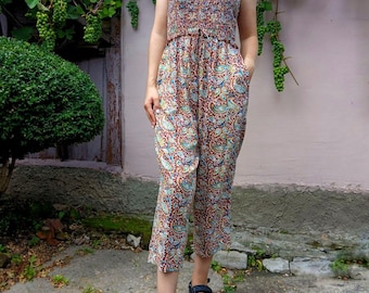 Women's brown abstract print overalls by Fat Face pockets sleeveless crop pants stretch top size S