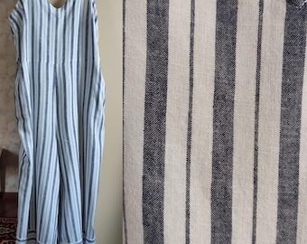 Linen white and gray striped overalls for women with pockets sleeveless stretch on a back medium size