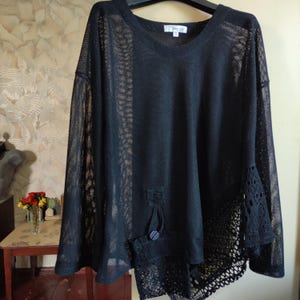 Vintage 90&#39;s Italian cotton black sheer mesh lace womens longsleeve duster with pockets one size