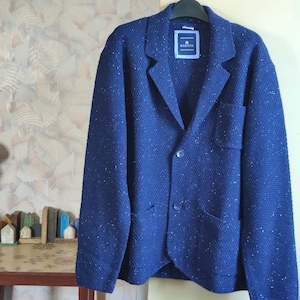 Navy blue wool knitted blazer cardigan with front pockets, long sleeve, two buttons size L