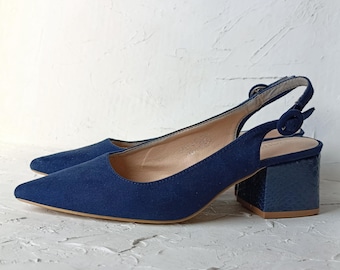 Blue suede slingbacks shoes by Monsoon pointy toe block heels US6/ EU 37/ UK4