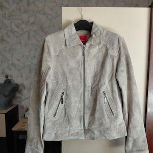 Vintage Beige Suede Jacket by Esprit,  Cropped 90s Outerwear, Minimalist Neutral Fall Coat, Soft Suede Retro Style Small size