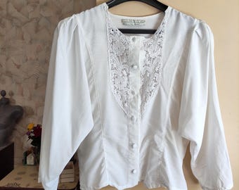Vintage 80's white lace cropped blouse for women by Charlotte Halton balloon sleeves full front buttons size XS