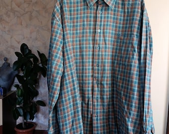 Vintage flannel 100% cotton plaid mens buttons down shirt long sleeve crew neck size L XL