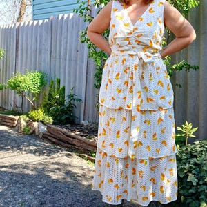 Cotton womens tiered maxi dress broderie anglaise white cream size XL, Cotton floral long dress with orange leaf large size