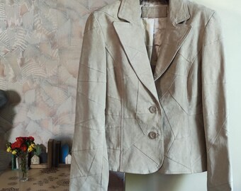 Beige cream patchwork suede leather cropped jacket for women size M L