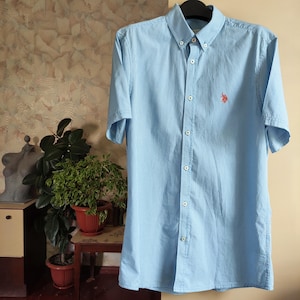 U.S. POLO ASSN cotton light blue plaid mens shirt buttons up short sleeve size S M
